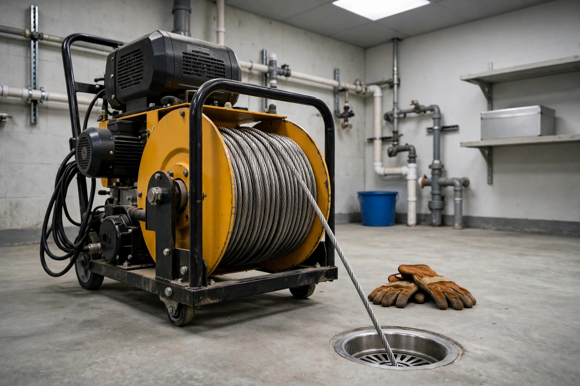 Hydro jetting equipment cleaning the inside of a drain pipe