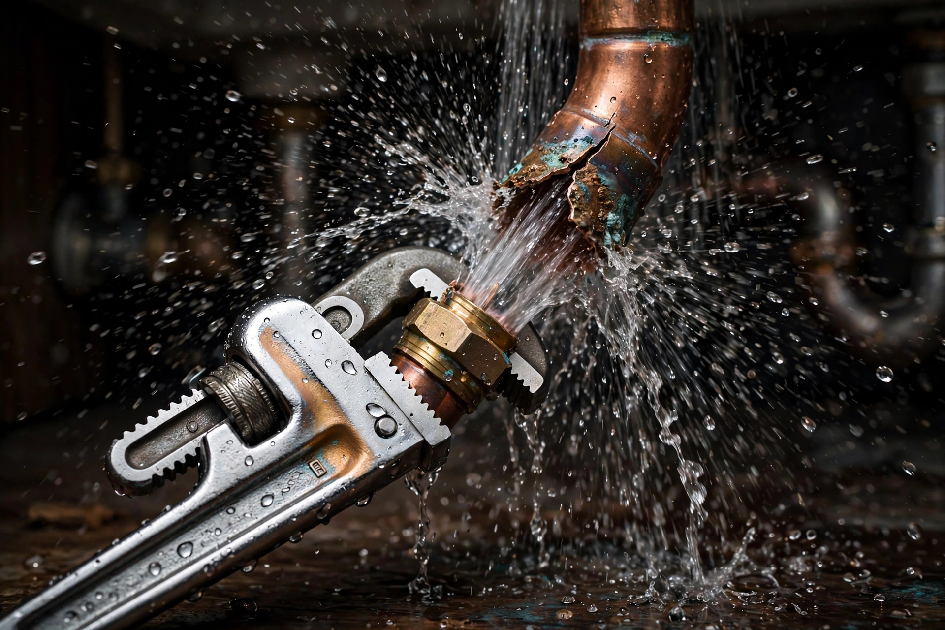 Plumber performing an emergency pipe repair to stop active leaking