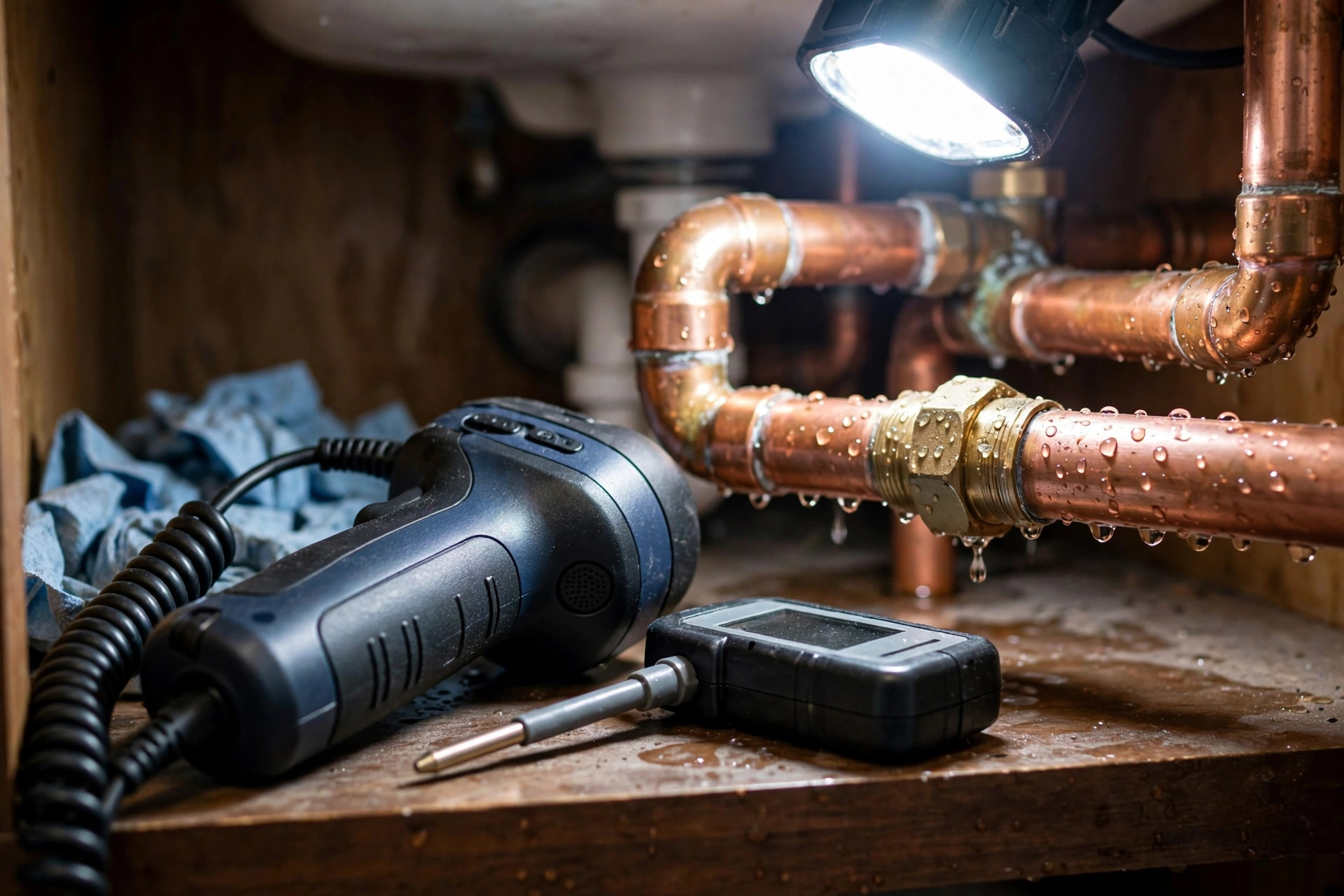 Technician using electronic leak detection equipment to locate a hidden slab leak
