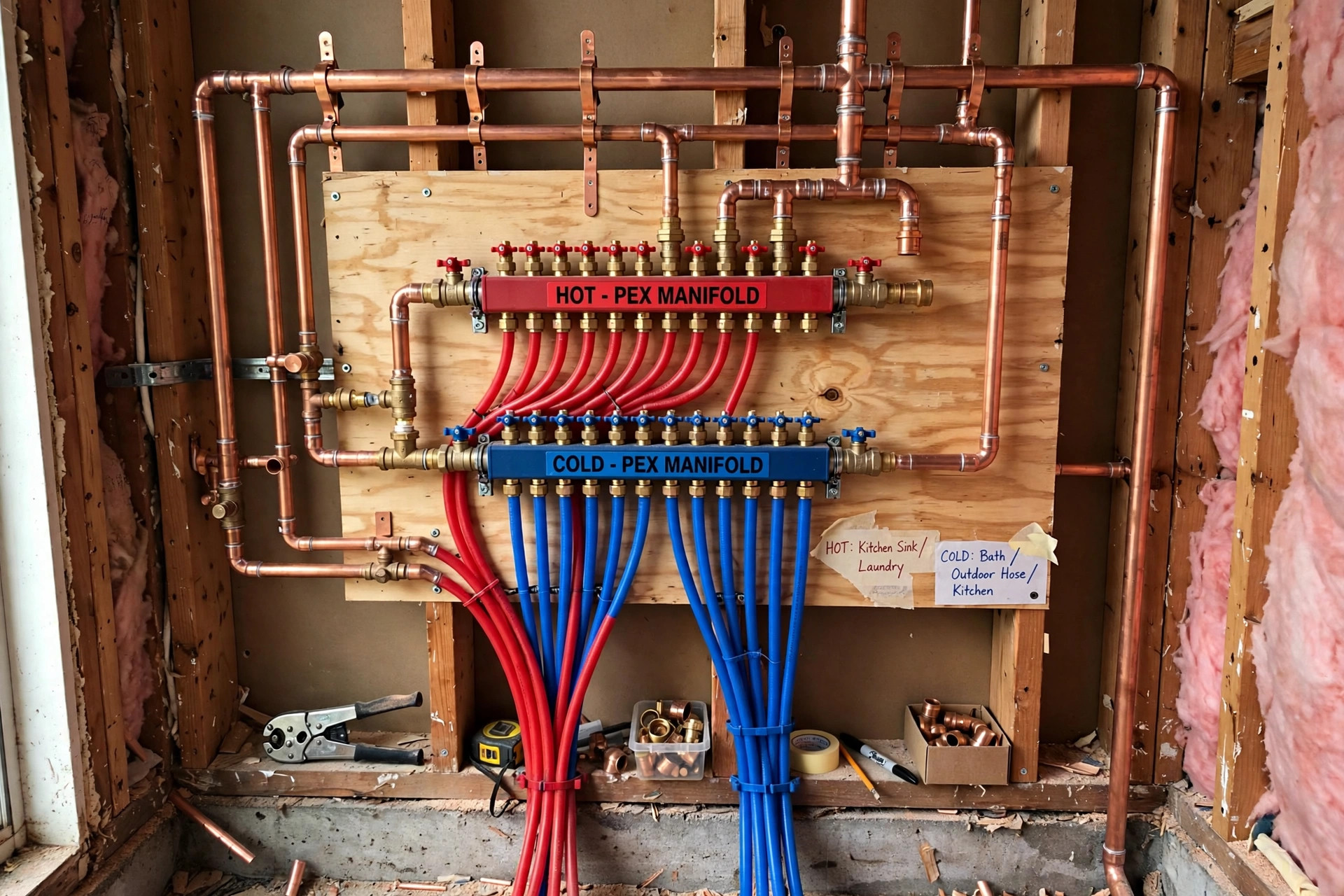 New copper repiping installation replacing old corroded pipes