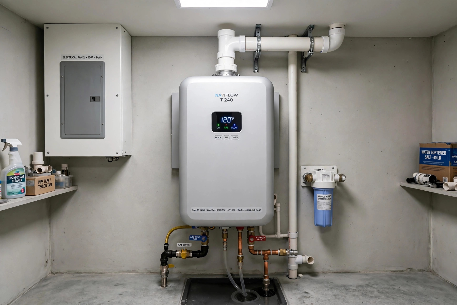 Modern tankless water heater installed on the wall of a Florida home
