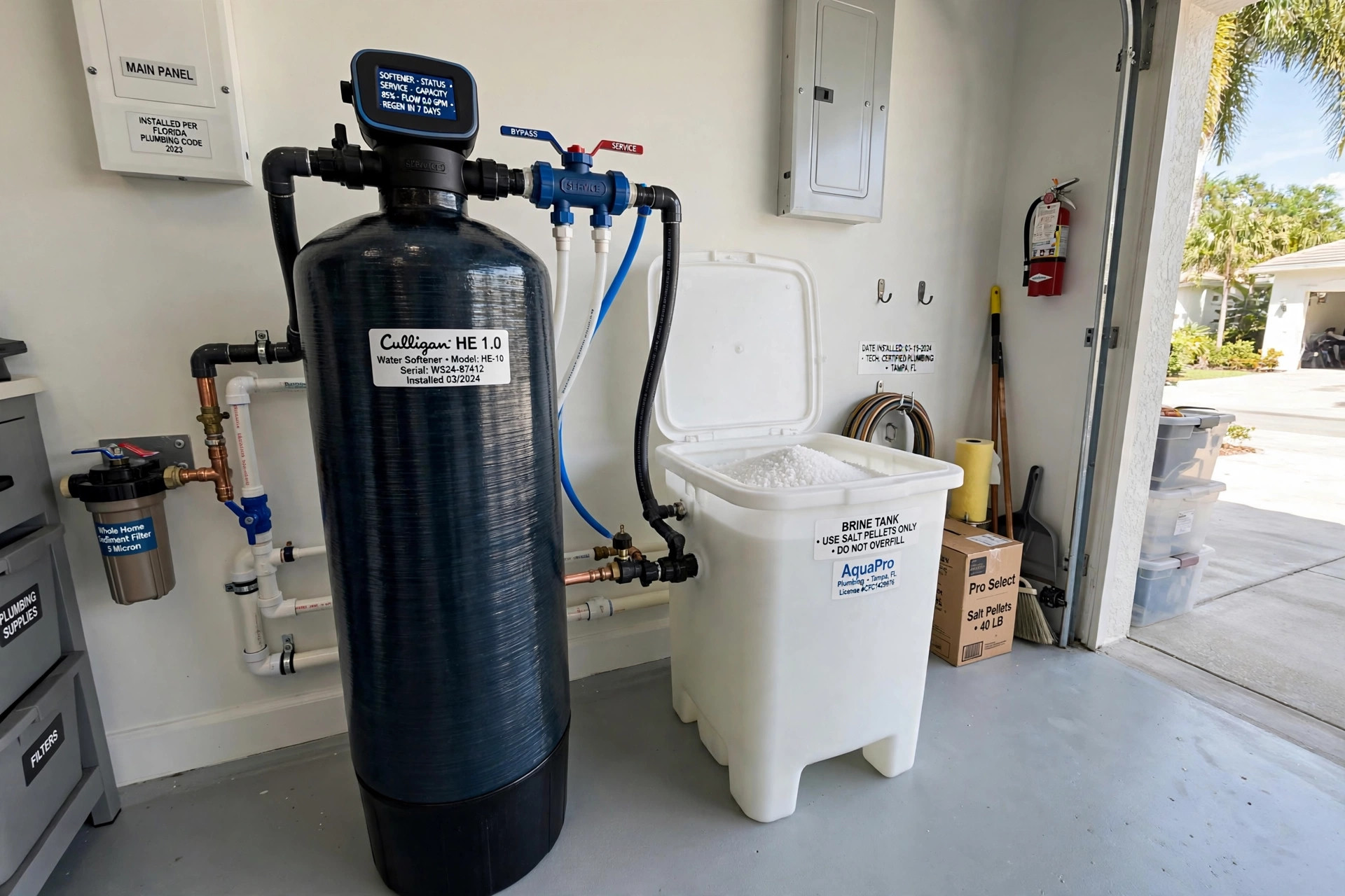 Water softener system installed to treat hard water in a Florida home